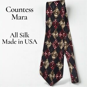 Countess Mara 100% Silk Tie Argyle Collectible Diamond Burgundy Black Print USA